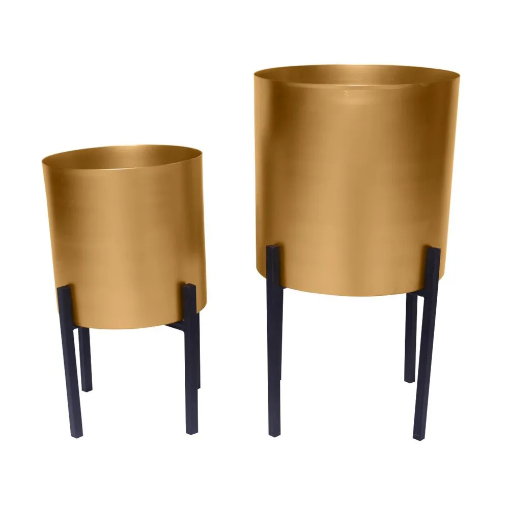 18, 14 Inch Round Indoor Planter, Iron Stand, Set of 2, Rose Gold and Black By The Urban Port
