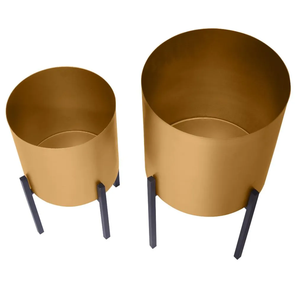 18, 14 Inch Round Indoor Planter, Iron Stand, Set of 2, Rose Gold and Black By The Urban Port