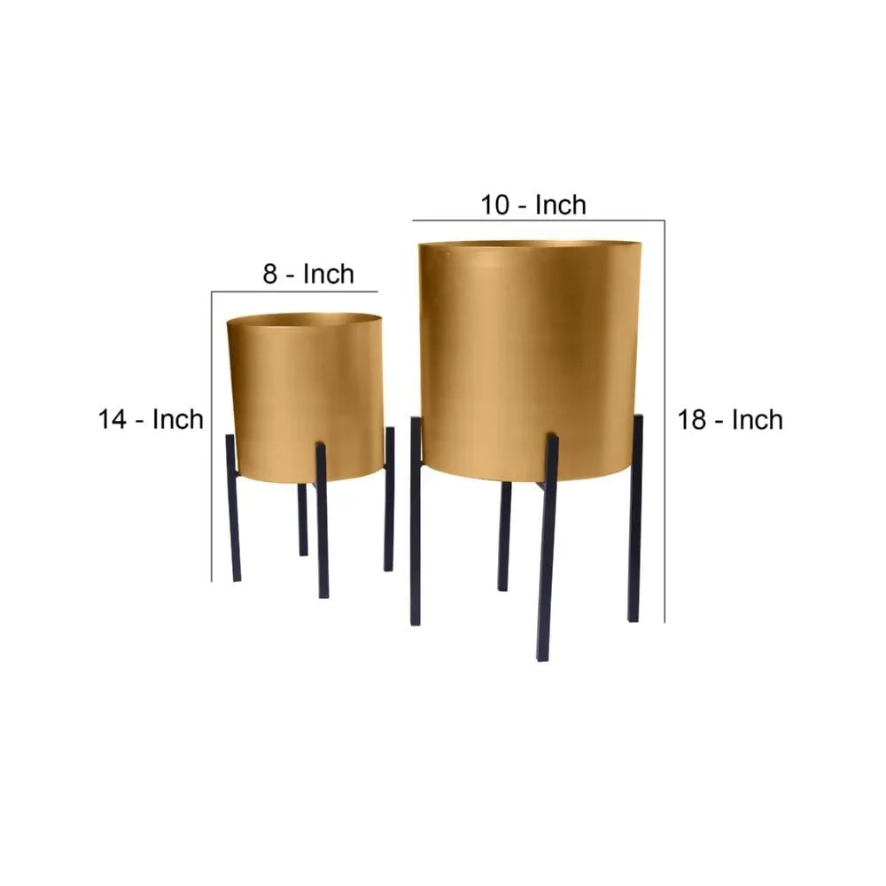 18, 14 Inch Round Indoor Planter, Iron Stand, Set of 2, Rose Gold and Black By The Urban Port