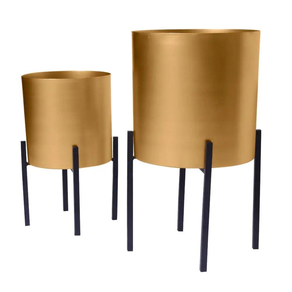 18, 14 Inch Round Indoor Planter, Iron Stand, Set of 2, Rose Gold and Black By The Urban Port
