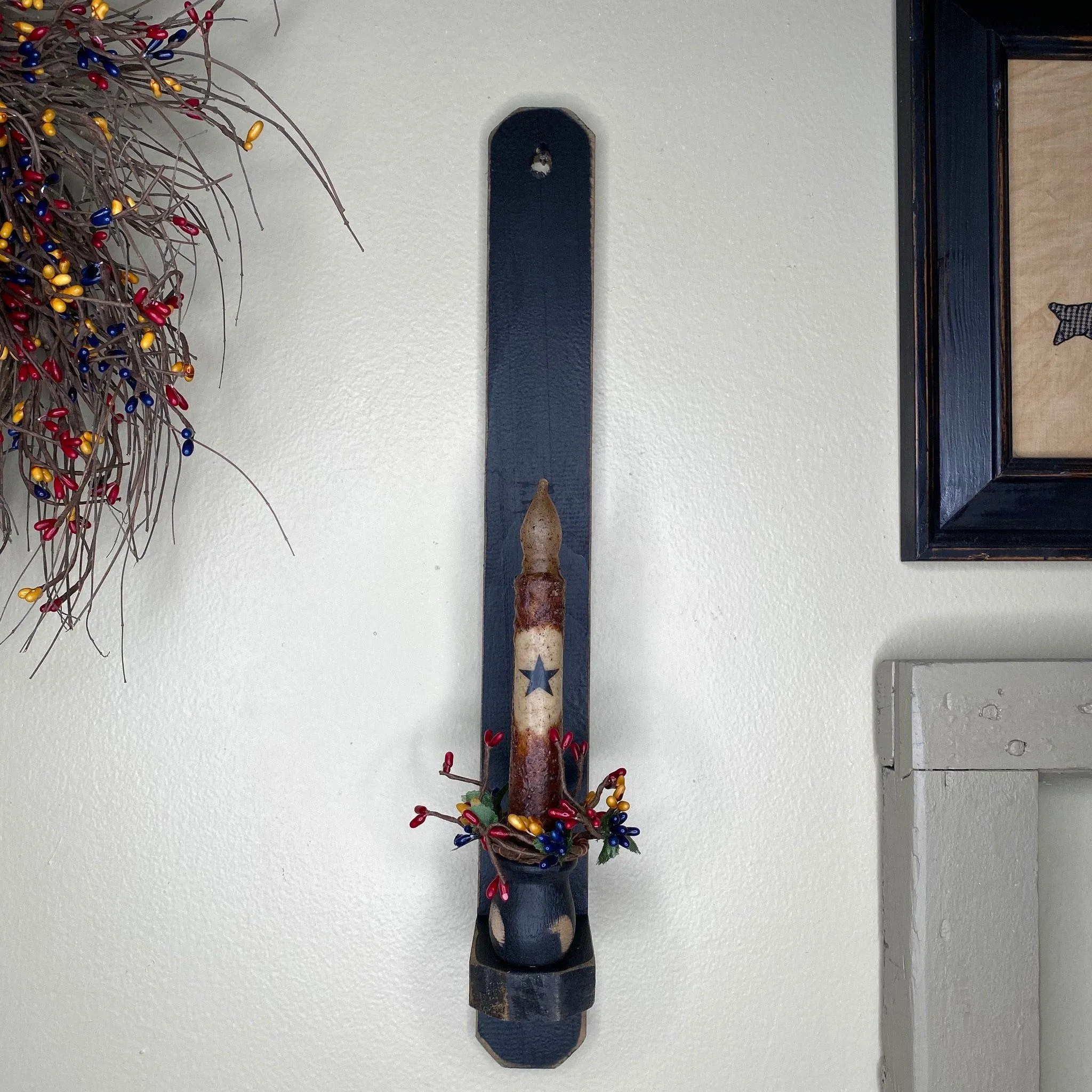 18" Black Wood Sconce -  Grungy Mustard Timer Candle