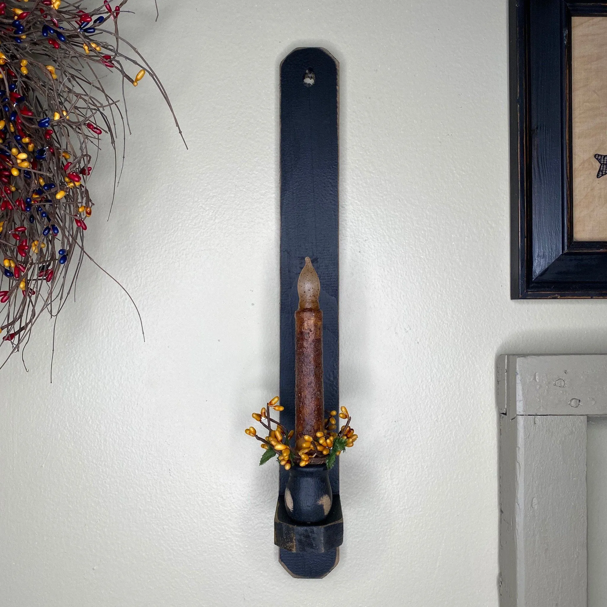 18" Black Wood Sconce -  Grungy Mustard Timer Candle