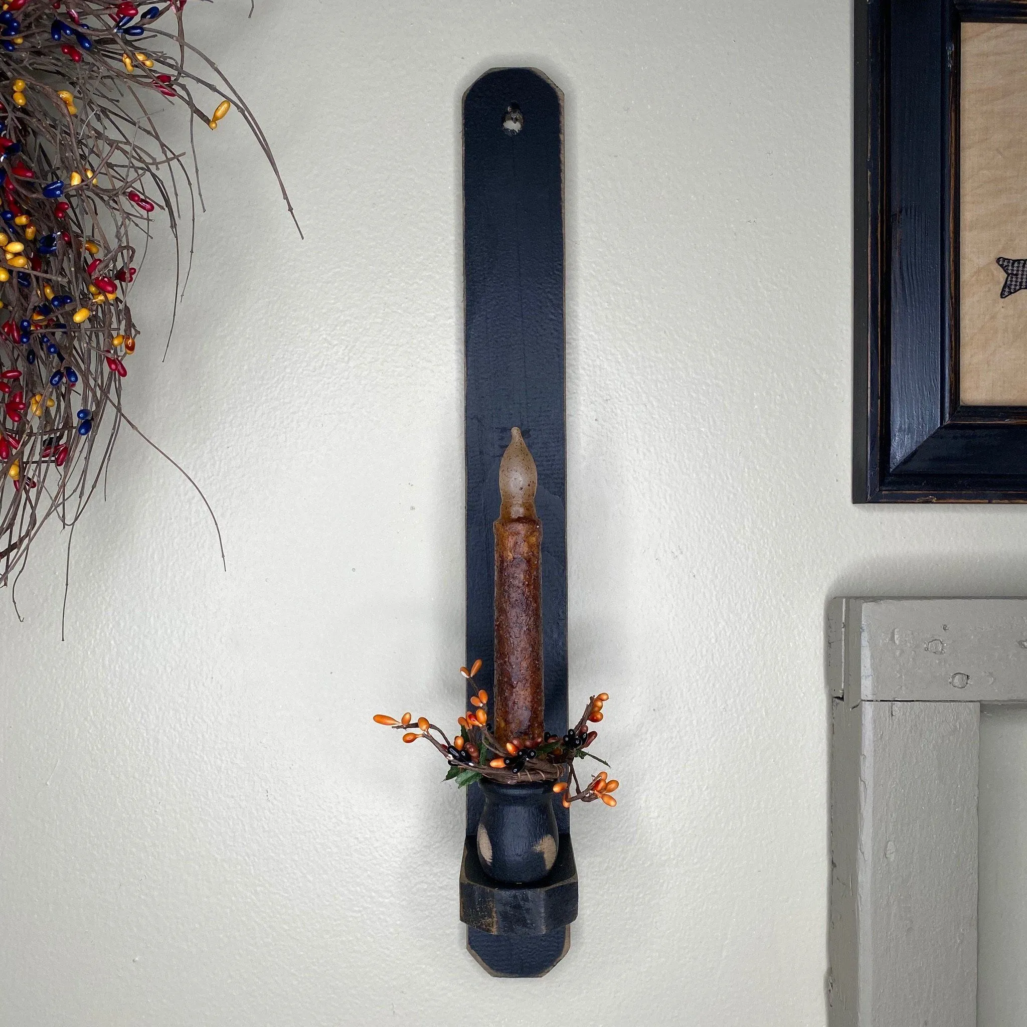 18" Black Wood Sconce -  Grungy Mustard Timer Candle