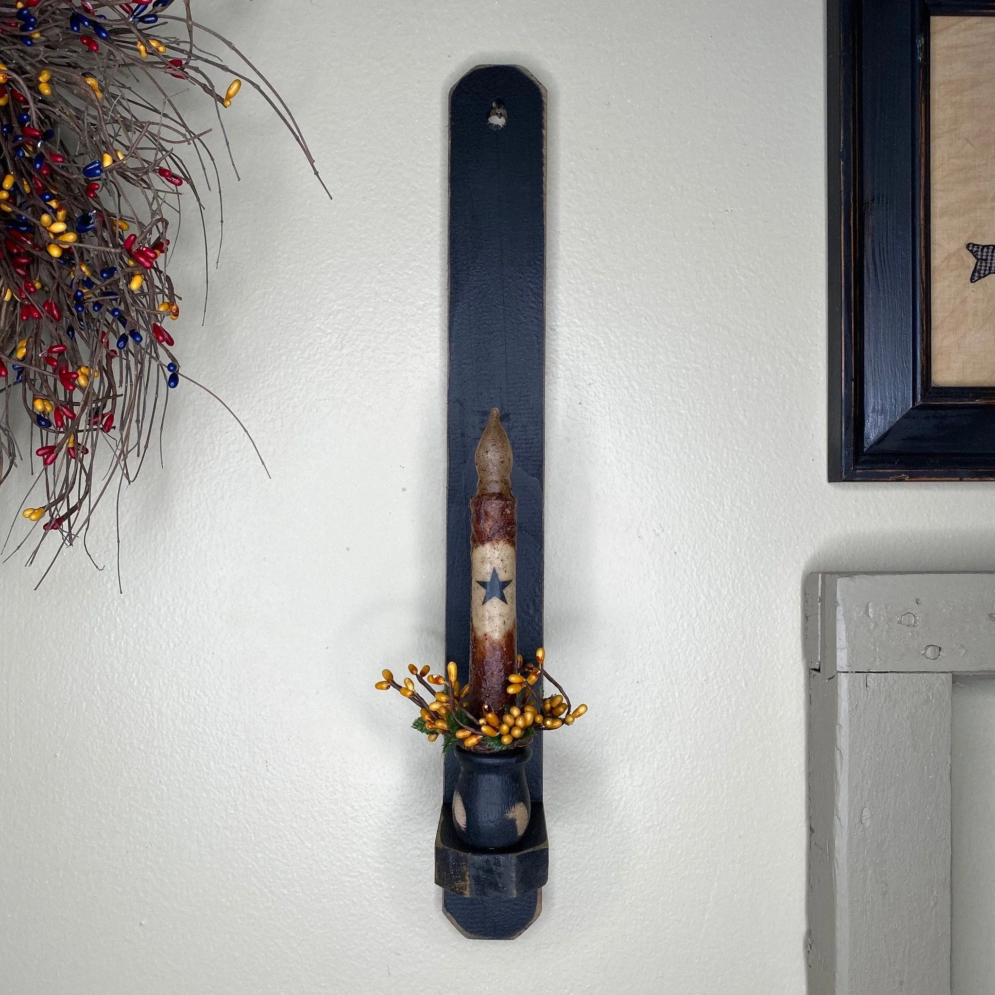 18" Black Wood Sconce -  Grungy Mustard Timer Candle