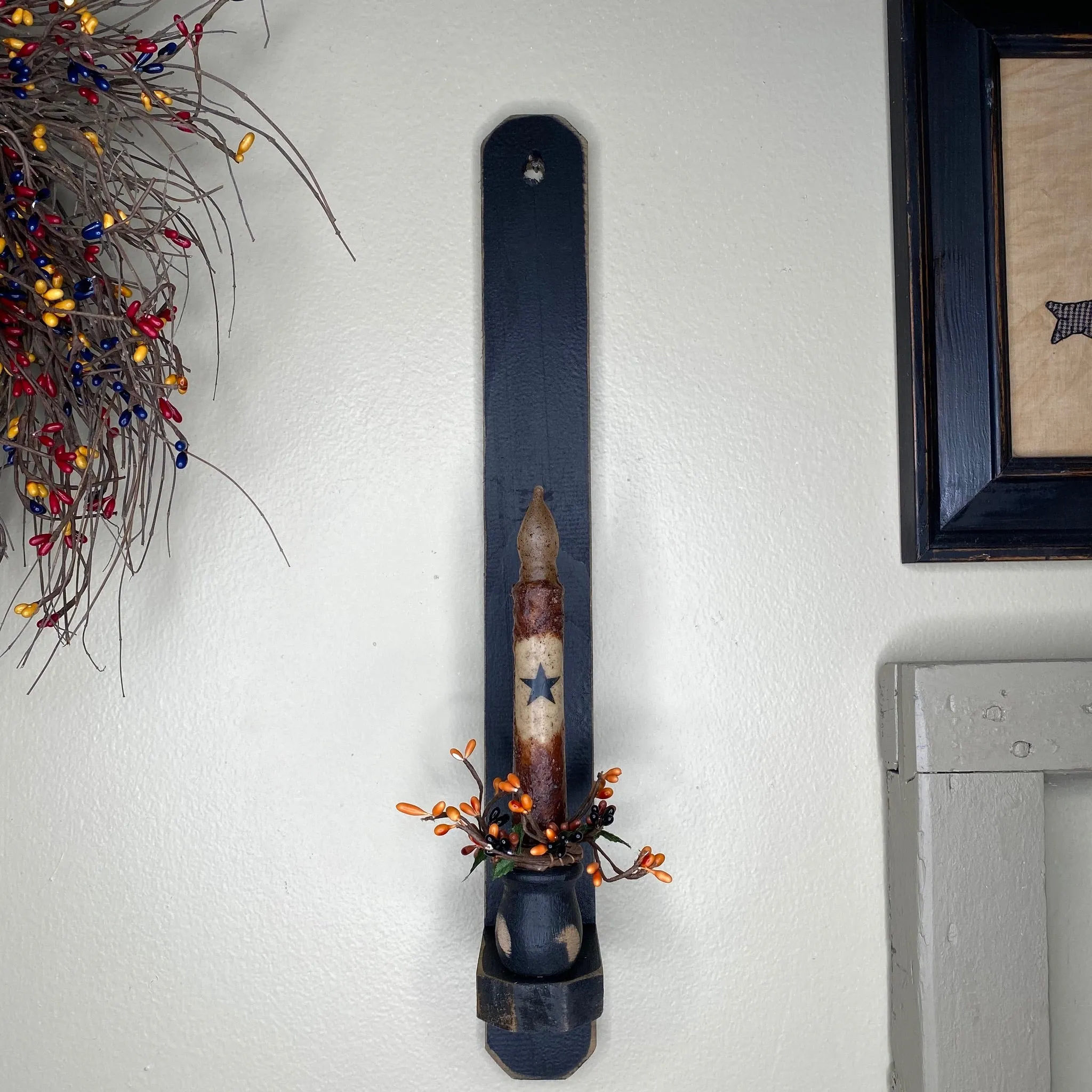 18" Black Wood Sconce -  Grungy Mustard Timer Candle
