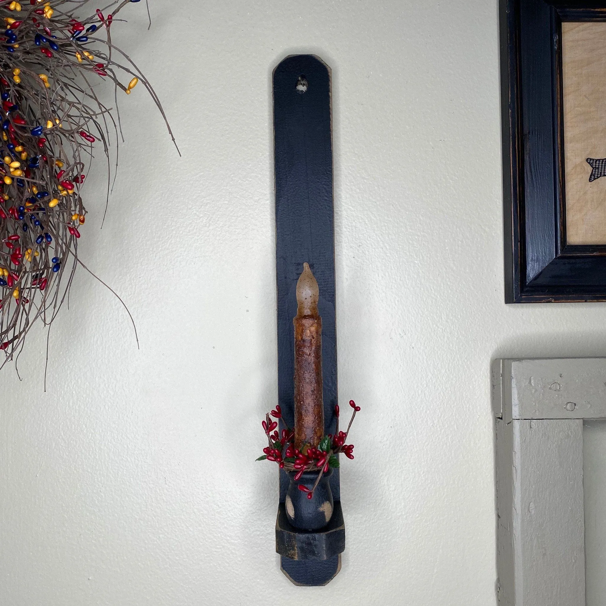 18" Black Wood Sconce -  Grungy Mustard Timer Candle