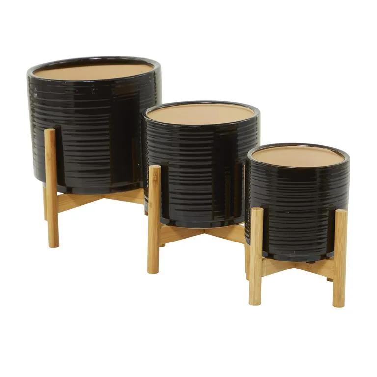 BLACK CERAMIC PLANTER WITH REMOVABLE WOOD STAND