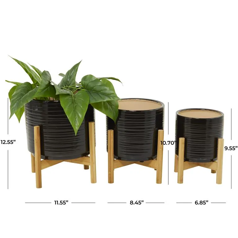 BLACK CERAMIC PLANTER WITH REMOVABLE WOOD STAND