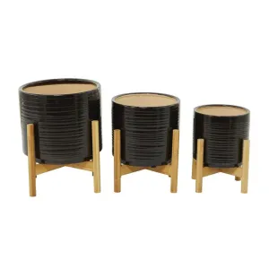 BLACK CERAMIC PLANTER WITH REMOVABLE WOOD STAND