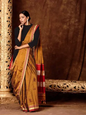 Block Printed Quirky Illkal Mustard Saree