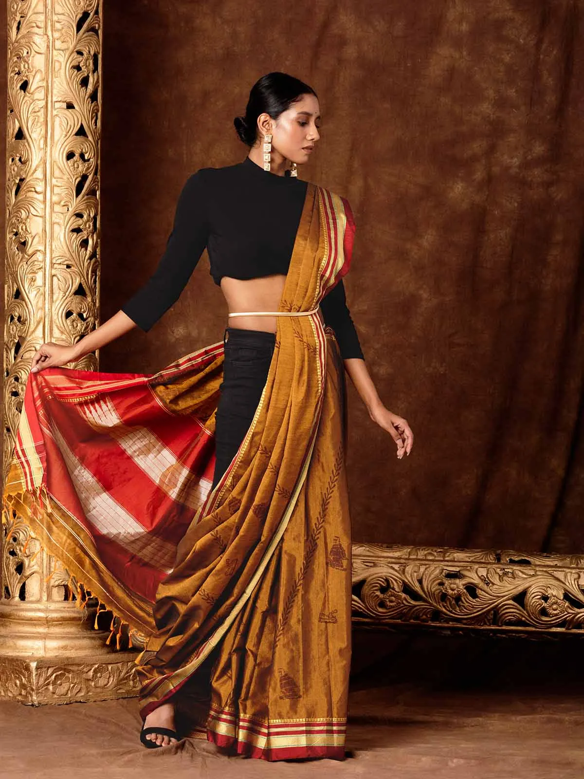 Block Printed Quirky Illkal Mustard Saree