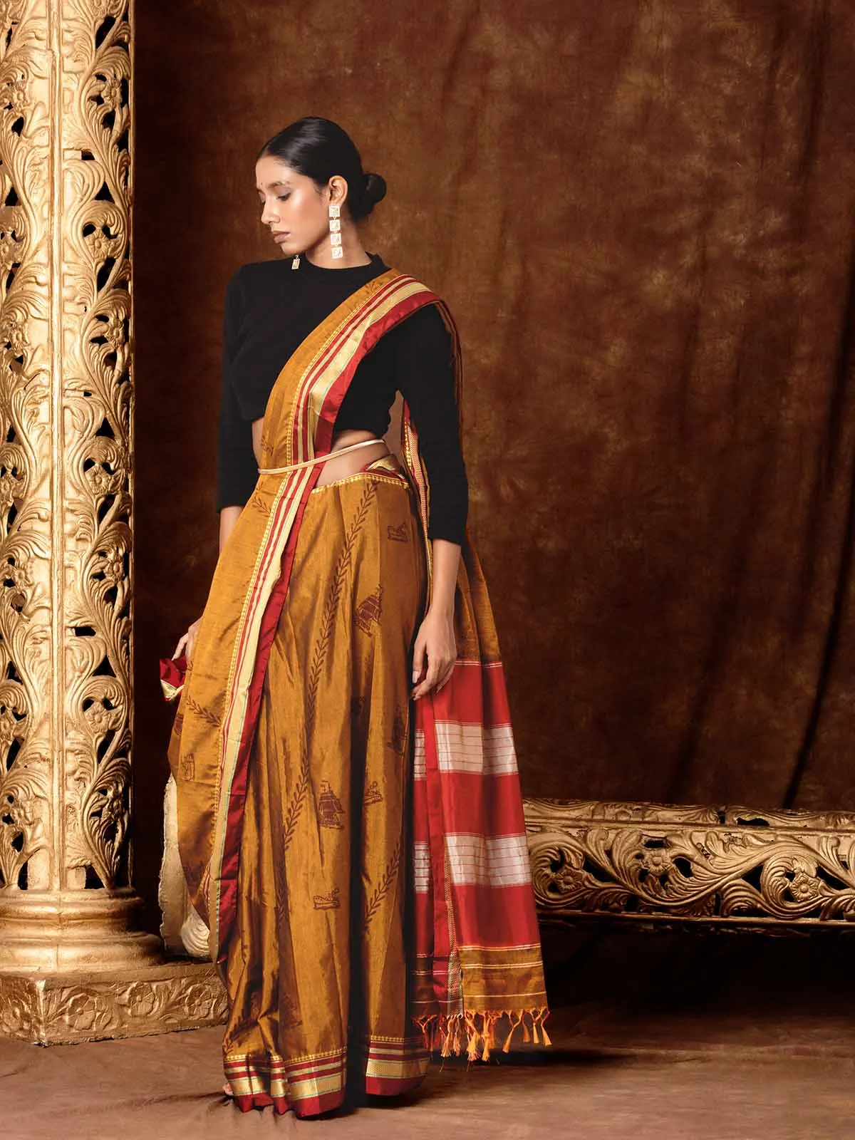 Block Printed Quirky Illkal Mustard Saree