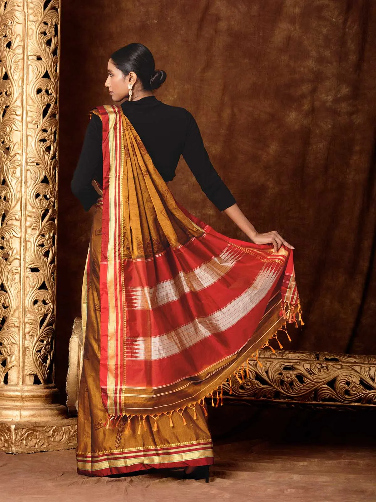 Block Printed Quirky Illkal Mustard Saree