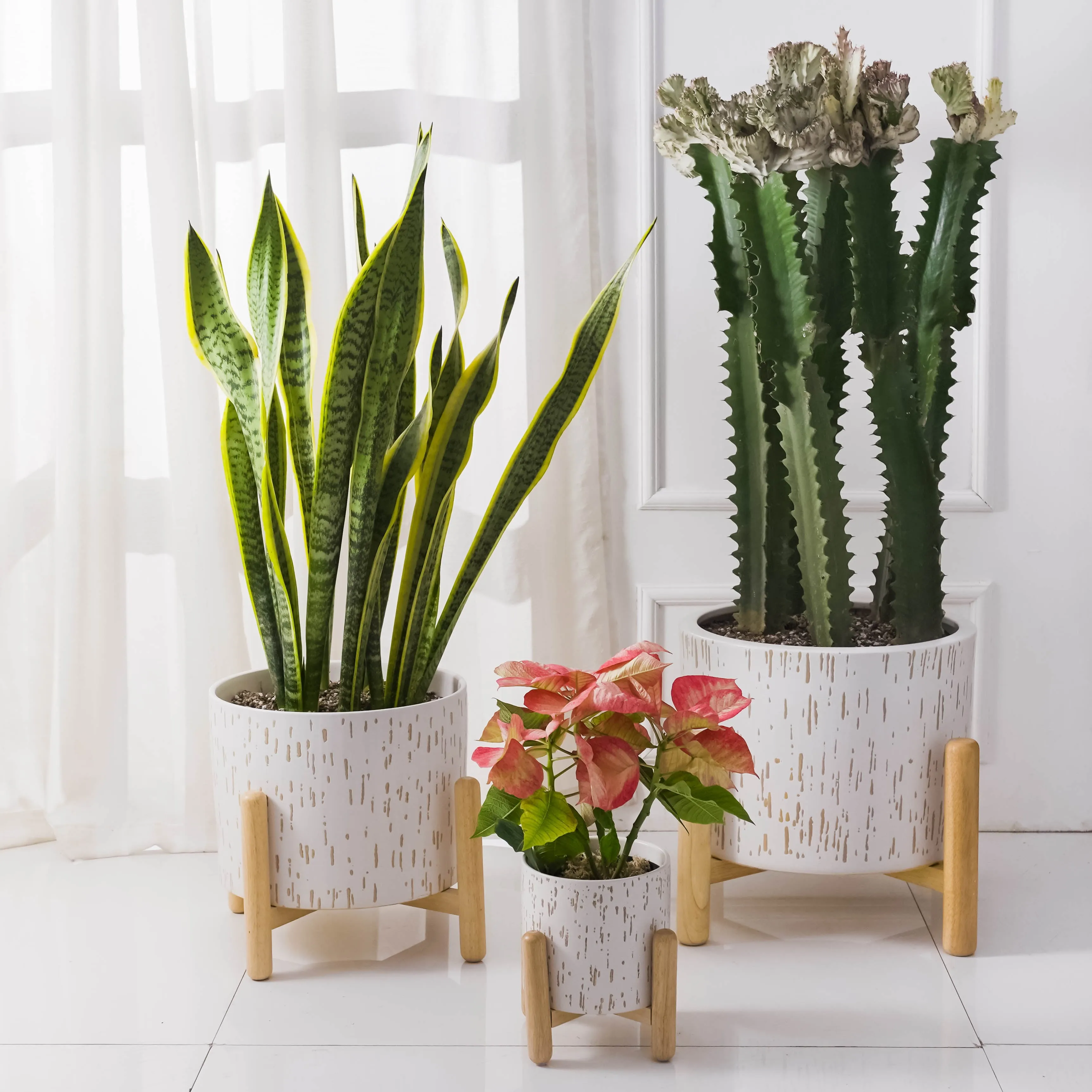 Ceramic and Wood Planter & Stand Set