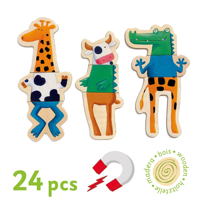 Crazy Animals Wooden Kids Magnets 24 pc Set, Djeco
