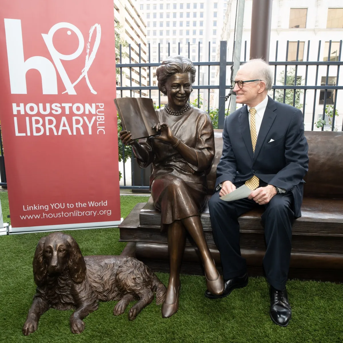 Custom Statue of First Lady Barbara Bush on Book Bench