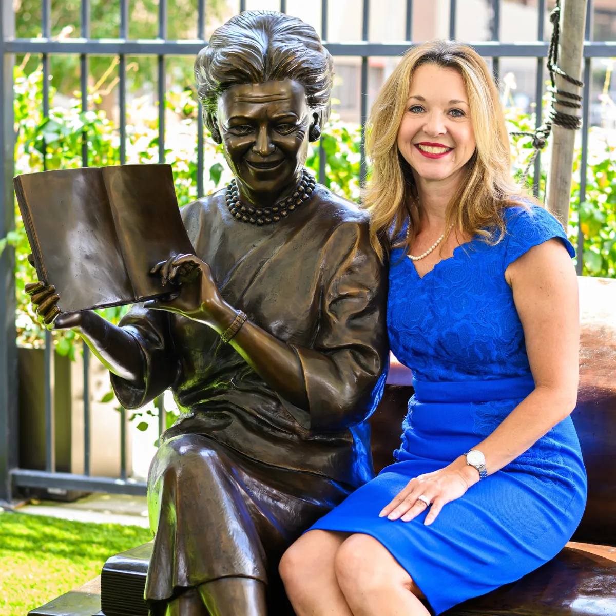 Custom Statue of First Lady Barbara Bush on Book Bench