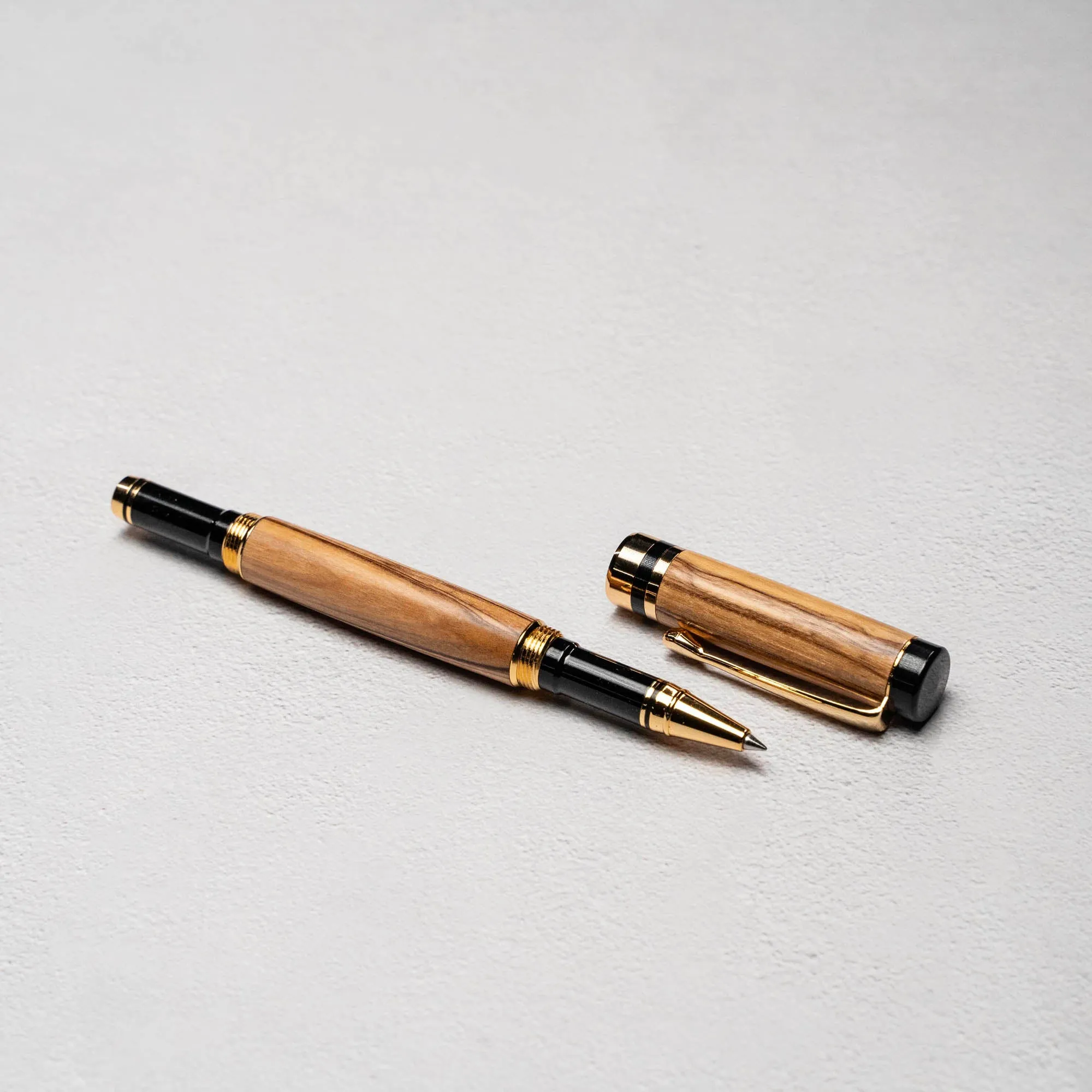 Hand-Turned Olive Wood Rollerball Pen   Fine Leather Pen Sleeve