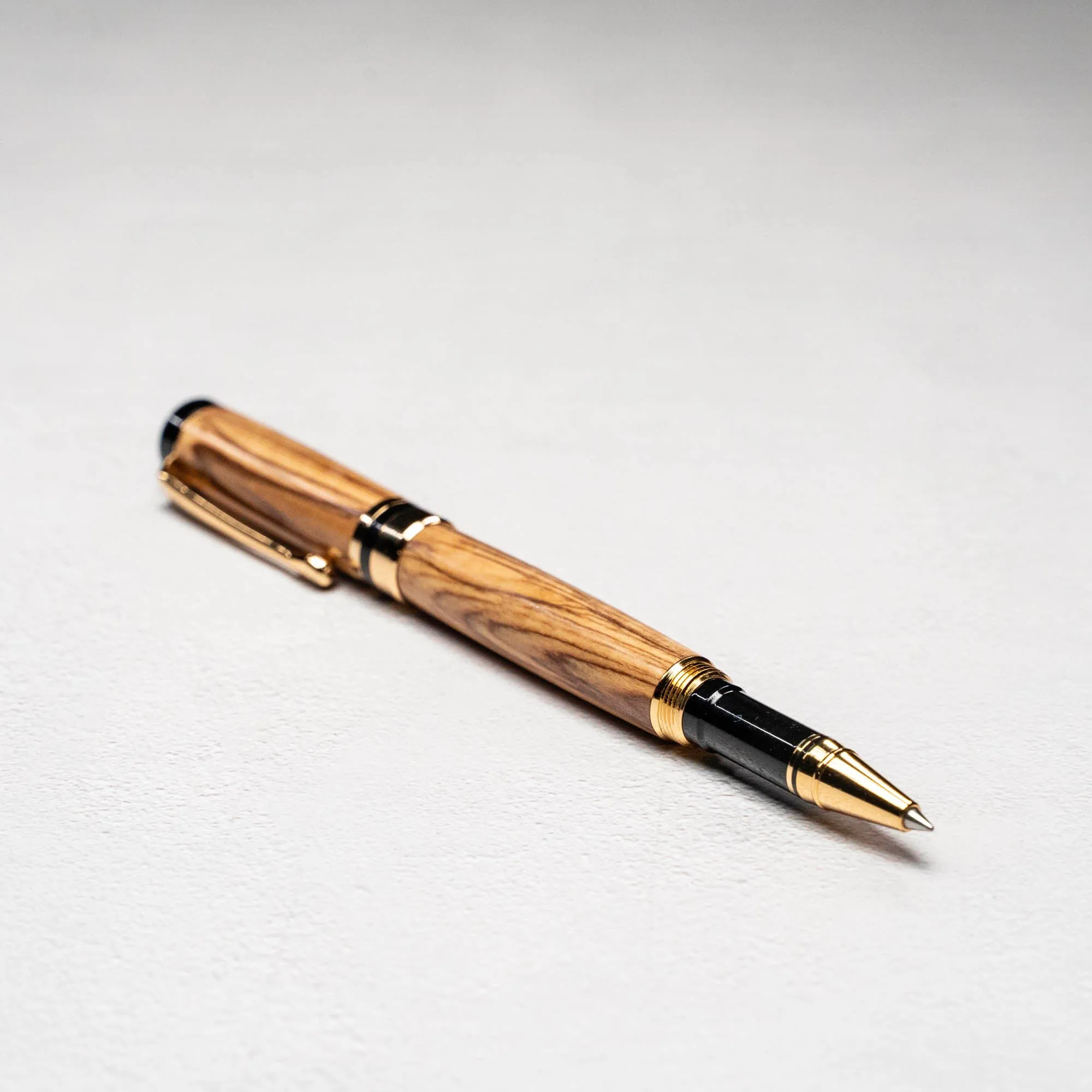 Hand-Turned Olive Wood Rollerball Pen   Fine Leather Pen Sleeve