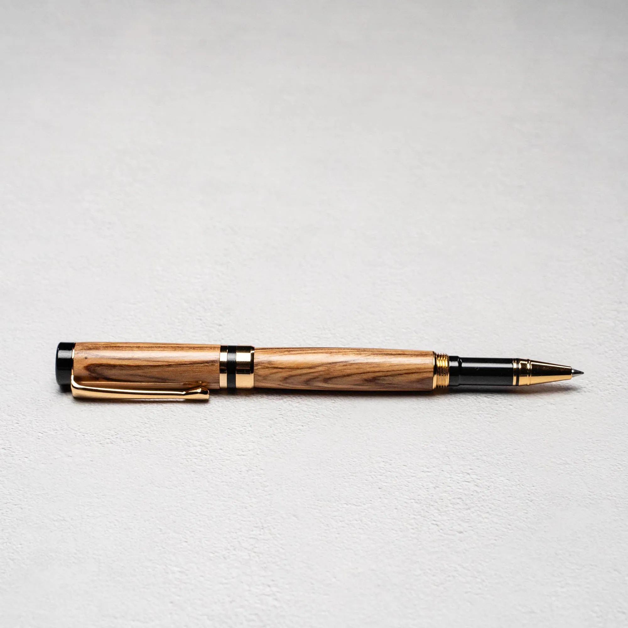 Hand-Turned Olive Wood Rollerball Pen   Fine Leather Pen Sleeve