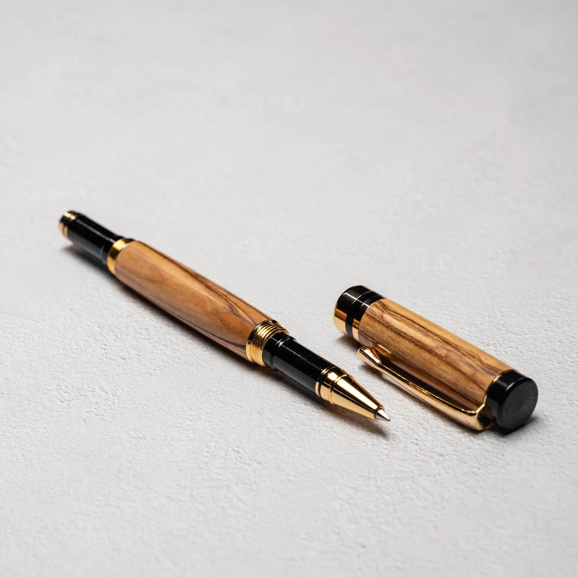 Hand-Turned Olive Wood Rollerball Pen   Fine Leather Pen Sleeve