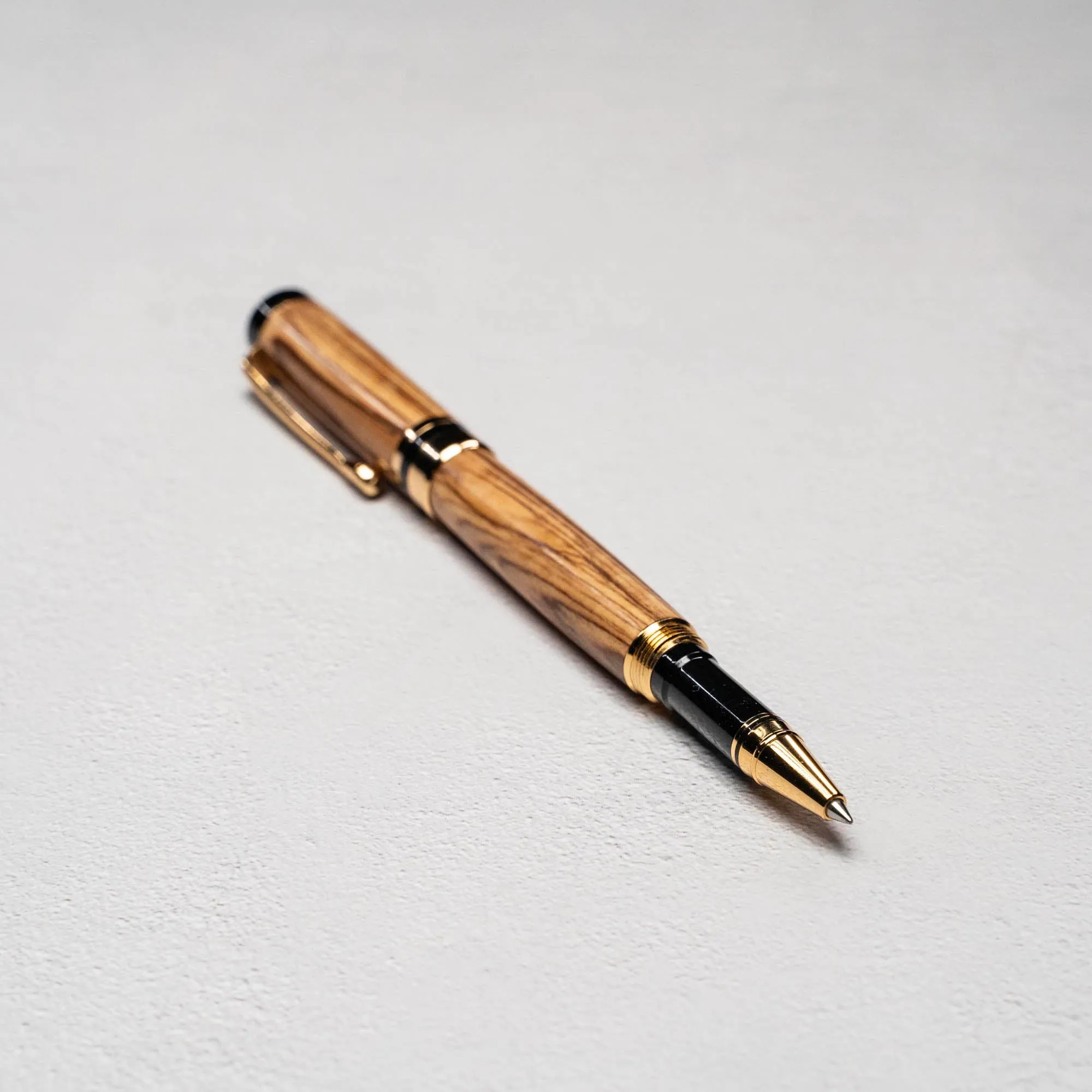 Hand-Turned Olive Wood Rollerball Pen   Fine Leather Pen Sleeve