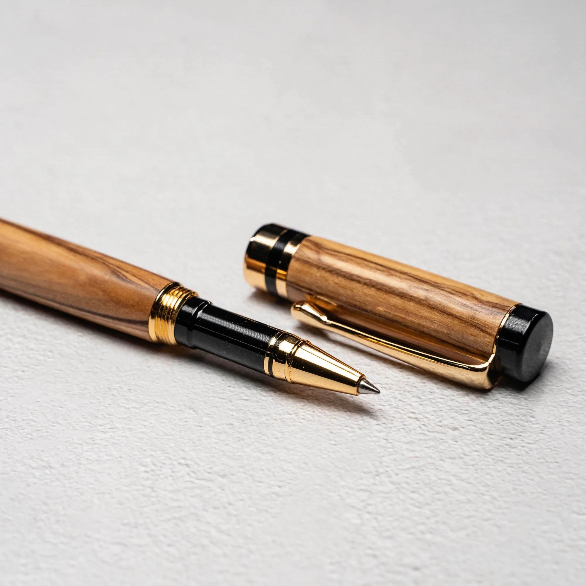 Hand-Turned Olive Wood Rollerball Pen   Fine Leather Pen Sleeve