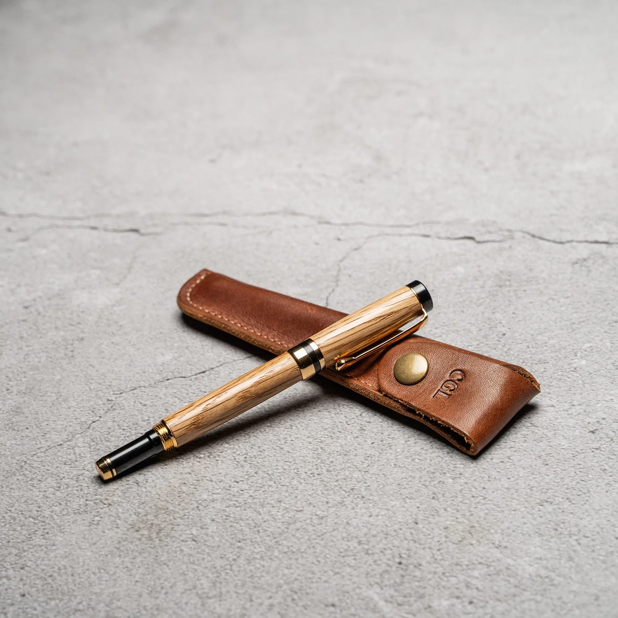 Hand-Turned Olive Wood Rollerball Pen   Fine Leather Pen Sleeve