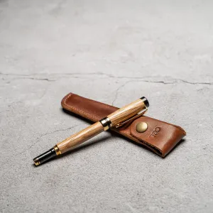 Hand-Turned Olive Wood Rollerball Pen   Fine Leather Pen Sleeve