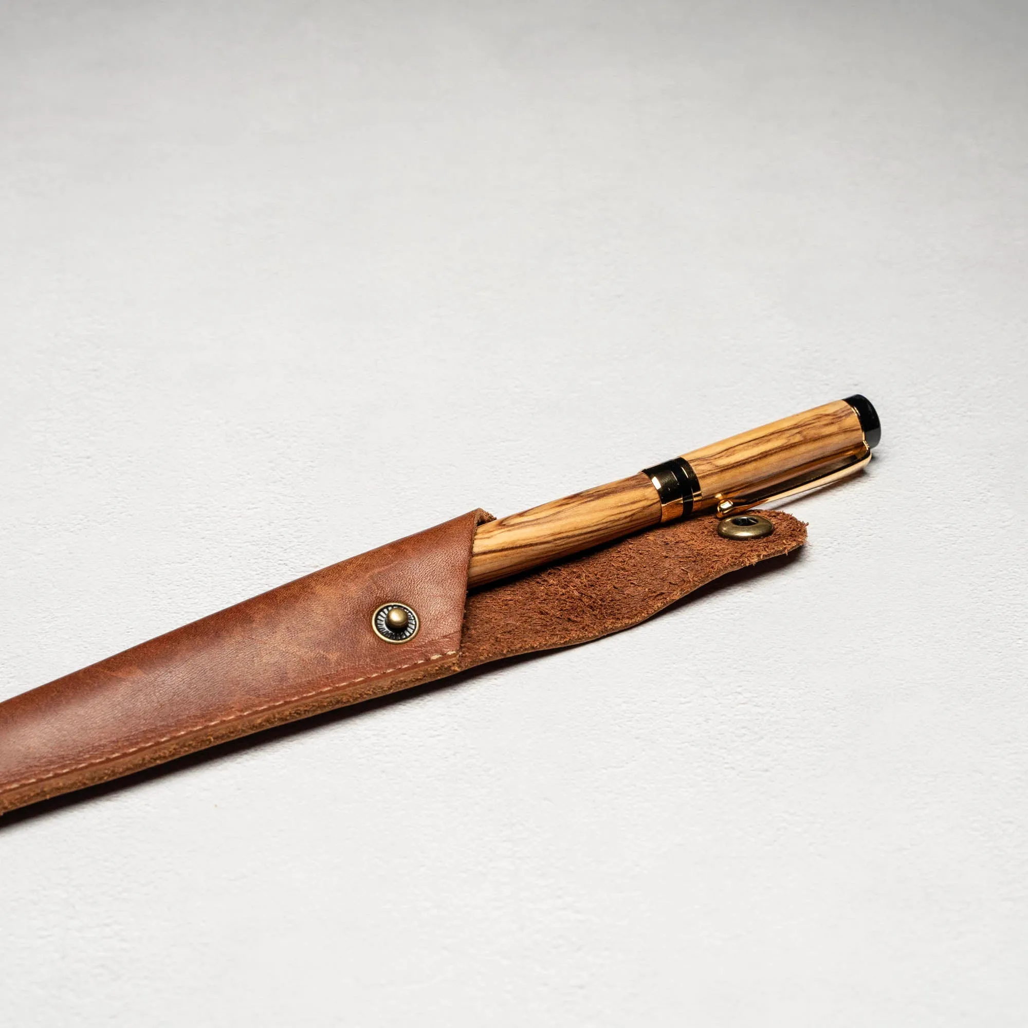 Hand-Turned Olive Wood Rollerball Pen   Fine Leather Pen Sleeve