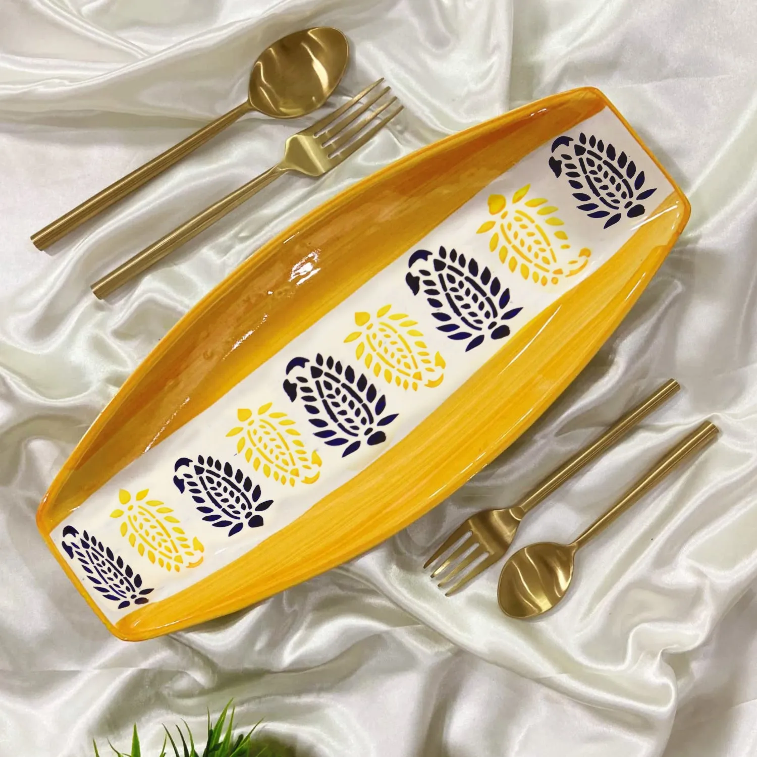 Handpainted Ceramic Serving Platter (Orange, Black , L x B – 38 cm x 16 cm)