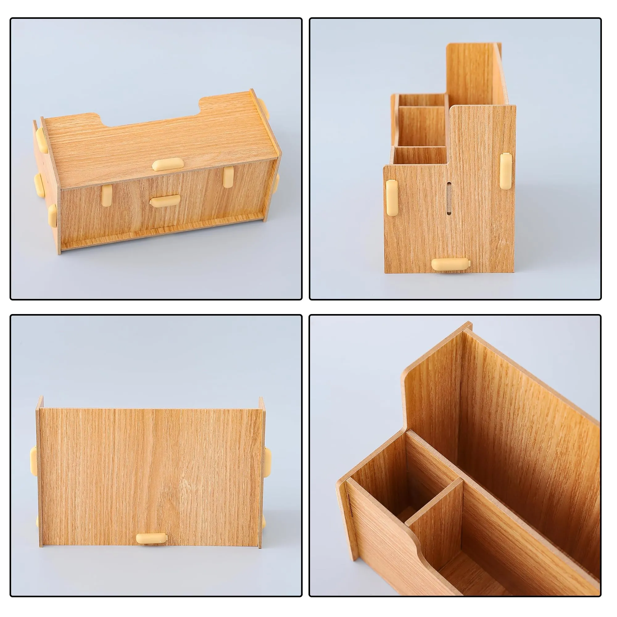 Homestic 4 Compartment Pen Stand for Office | MDF Wood Rack | Aesthetic Stationery Stand For Office Table Accessories | Burlywood | 21.1x9.7x13cm