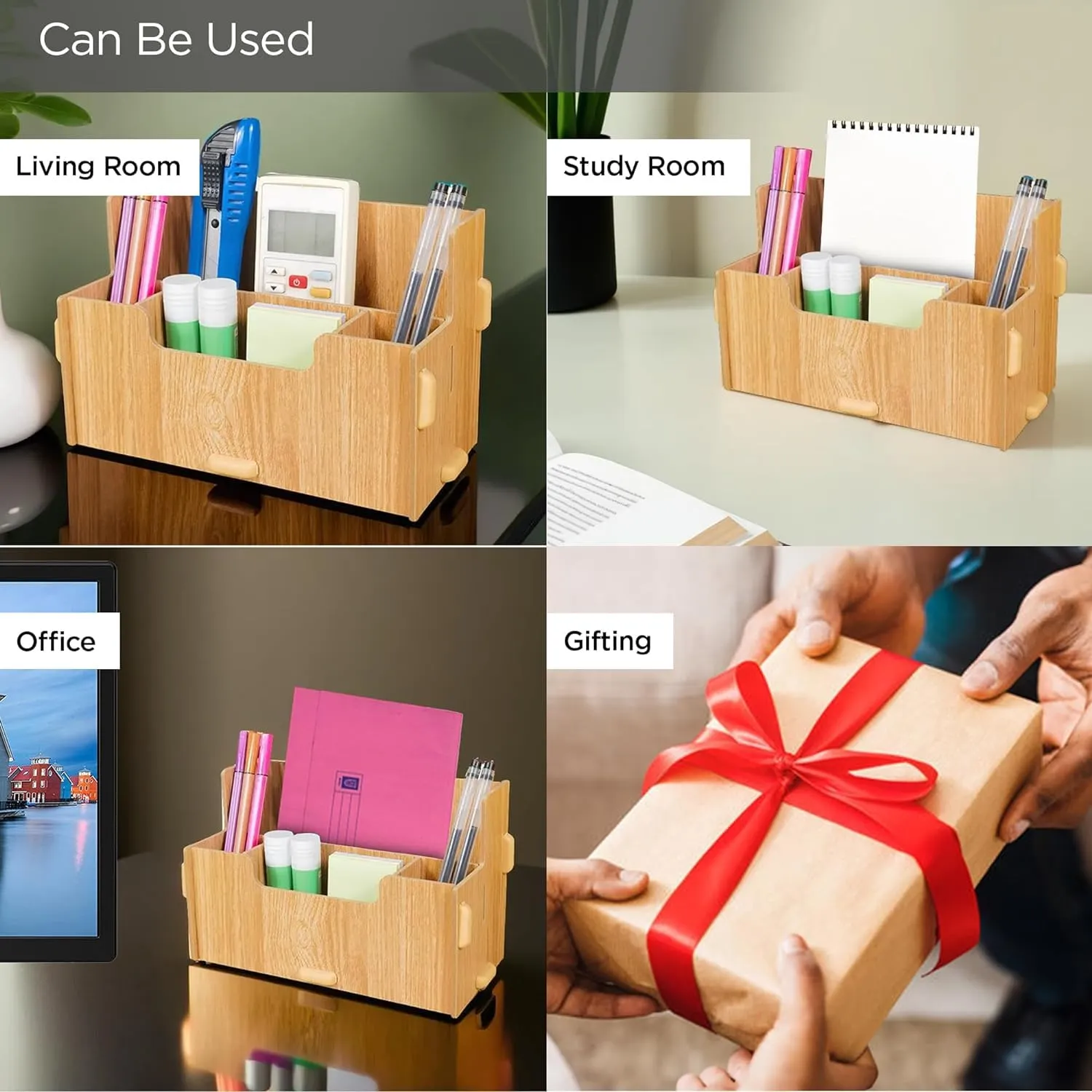 Homestic 4 Compartment Pen Stand for Office | MDF Wood Rack | Aesthetic Stationery Stand For Office Table Accessories | Burlywood | 21.1x9.7x13cm