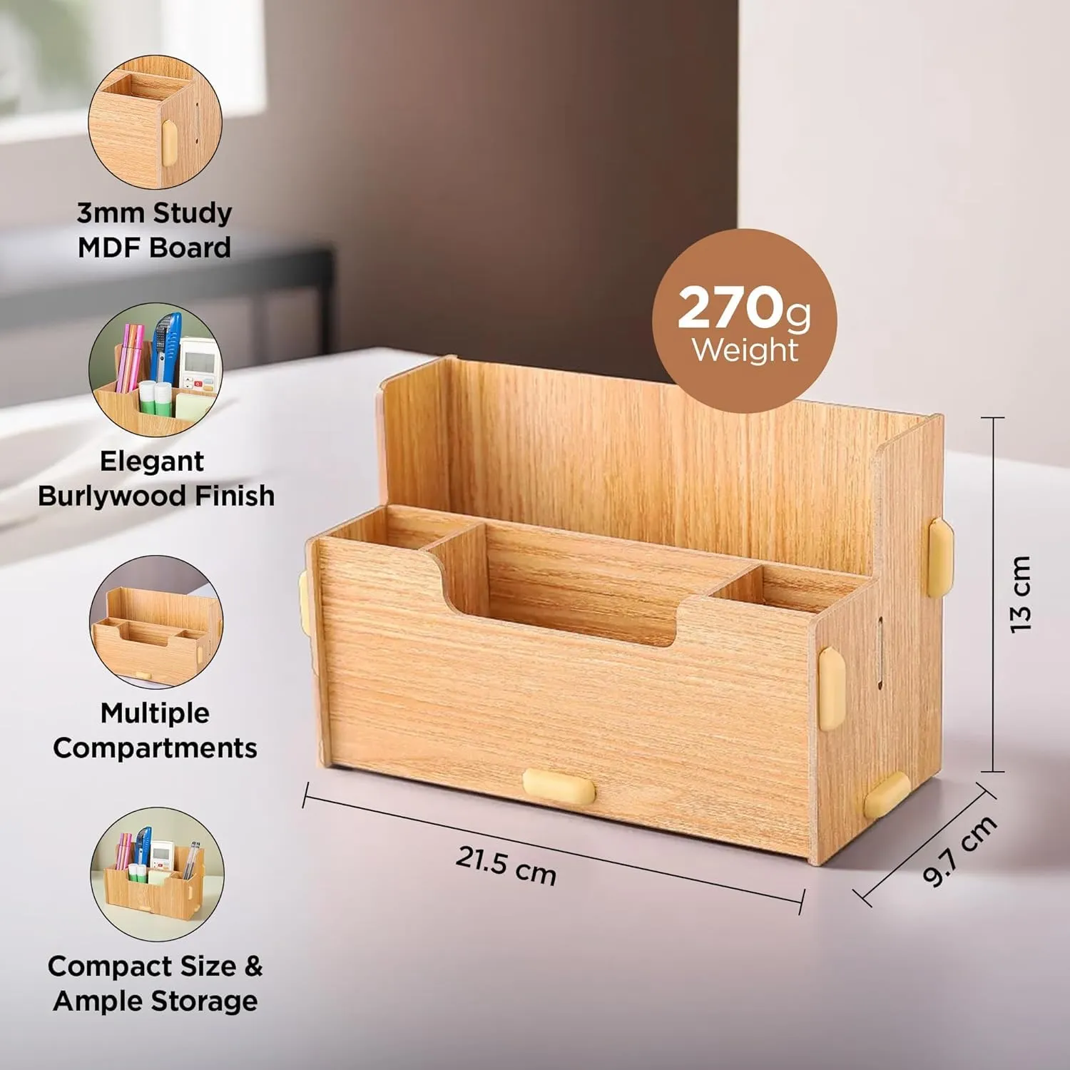 Homestic 4 Compartment Pen Stand for Office | MDF Wood Rack | Aesthetic Stationery Stand For Office Table Accessories | Burlywood | 21.1x9.7x13cm