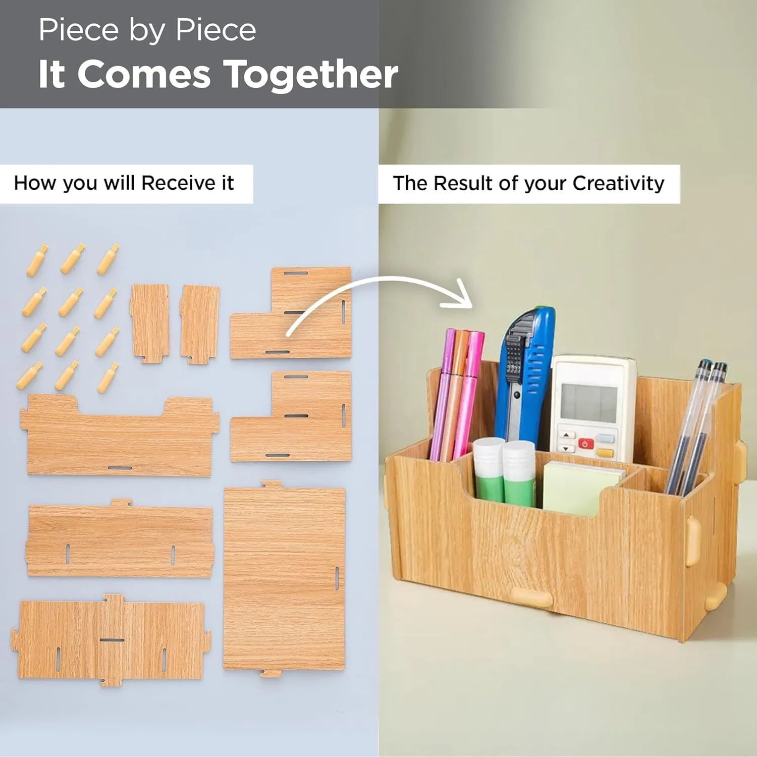 Homestic 4 Compartment Pen Stand for Office | MDF Wood Rack | Aesthetic Stationery Stand For Office Table Accessories | Burlywood | 21.1x9.7x13cm