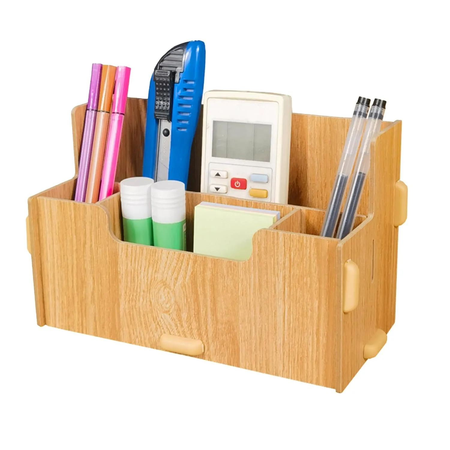 Homestic 4 Compartment Pen Stand for Office | MDF Wood Rack | Aesthetic Stationery Stand For Office Table Accessories | Burlywood | 21.1x9.7x13cm