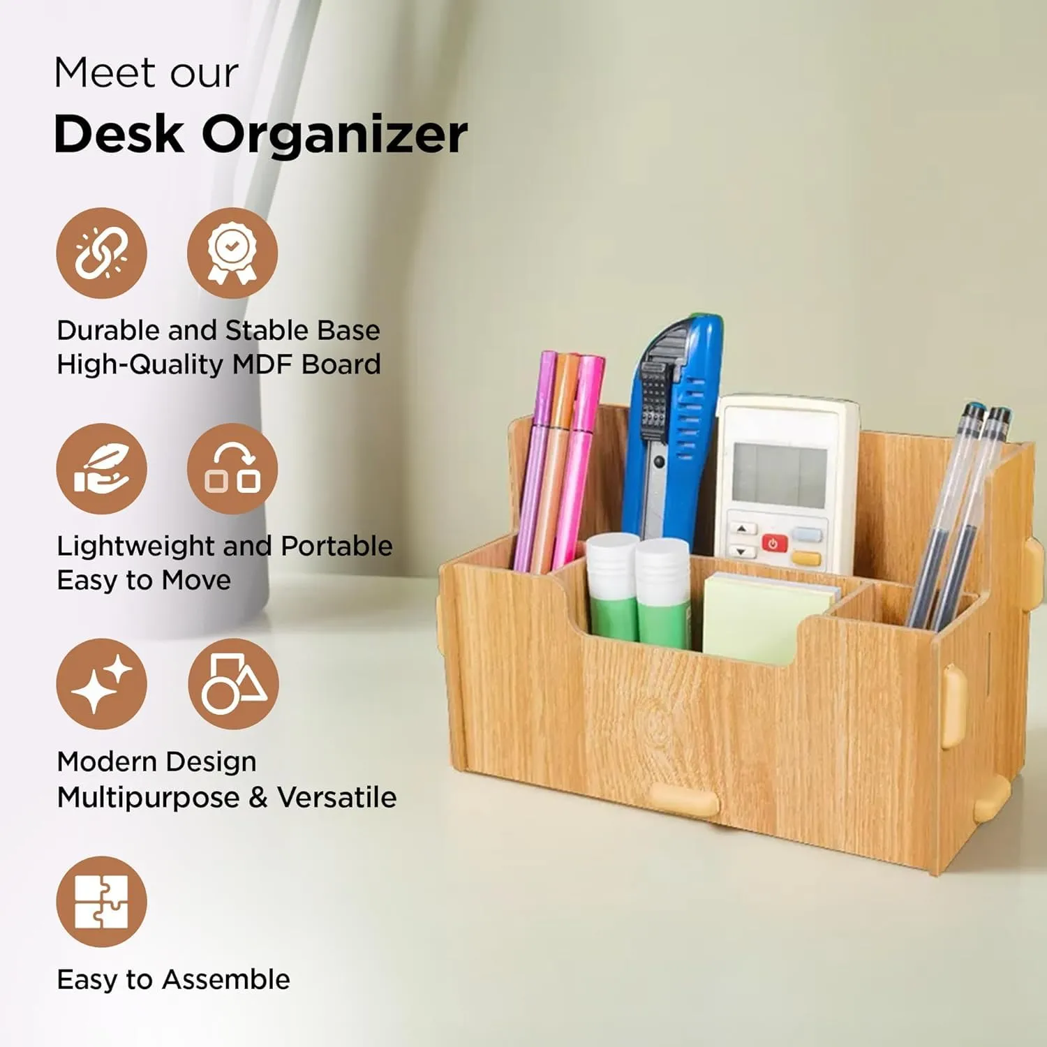 Homestic 4 Compartment Pen Stand for Office | MDF Wood Rack | Aesthetic Stationery Stand For Office Table Accessories | Burlywood | 21.1x9.7x13cm