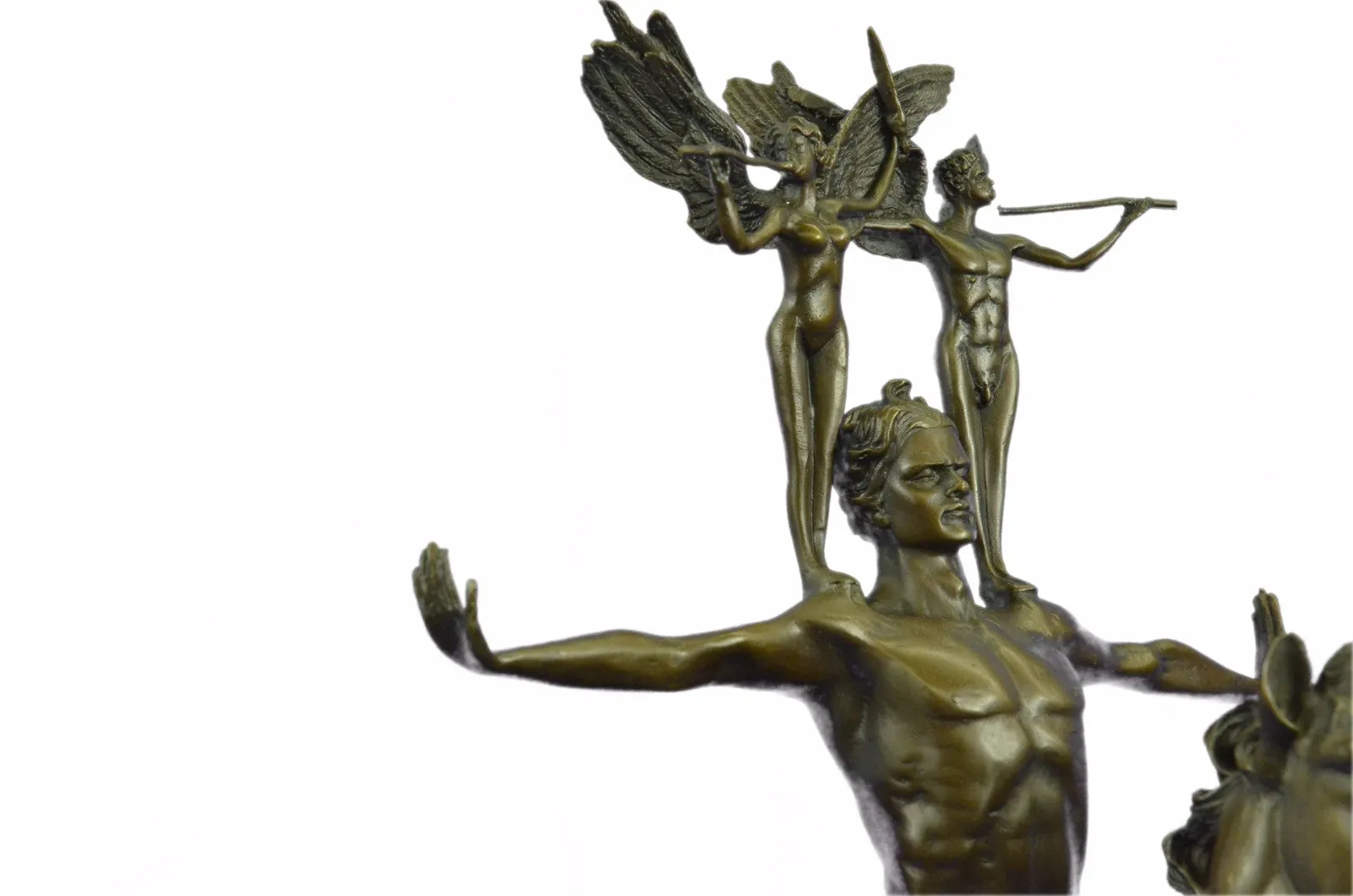 Lost Wax Nude Man Riding Horse W. angel Bronze Statue Sculpture Figure Figurine