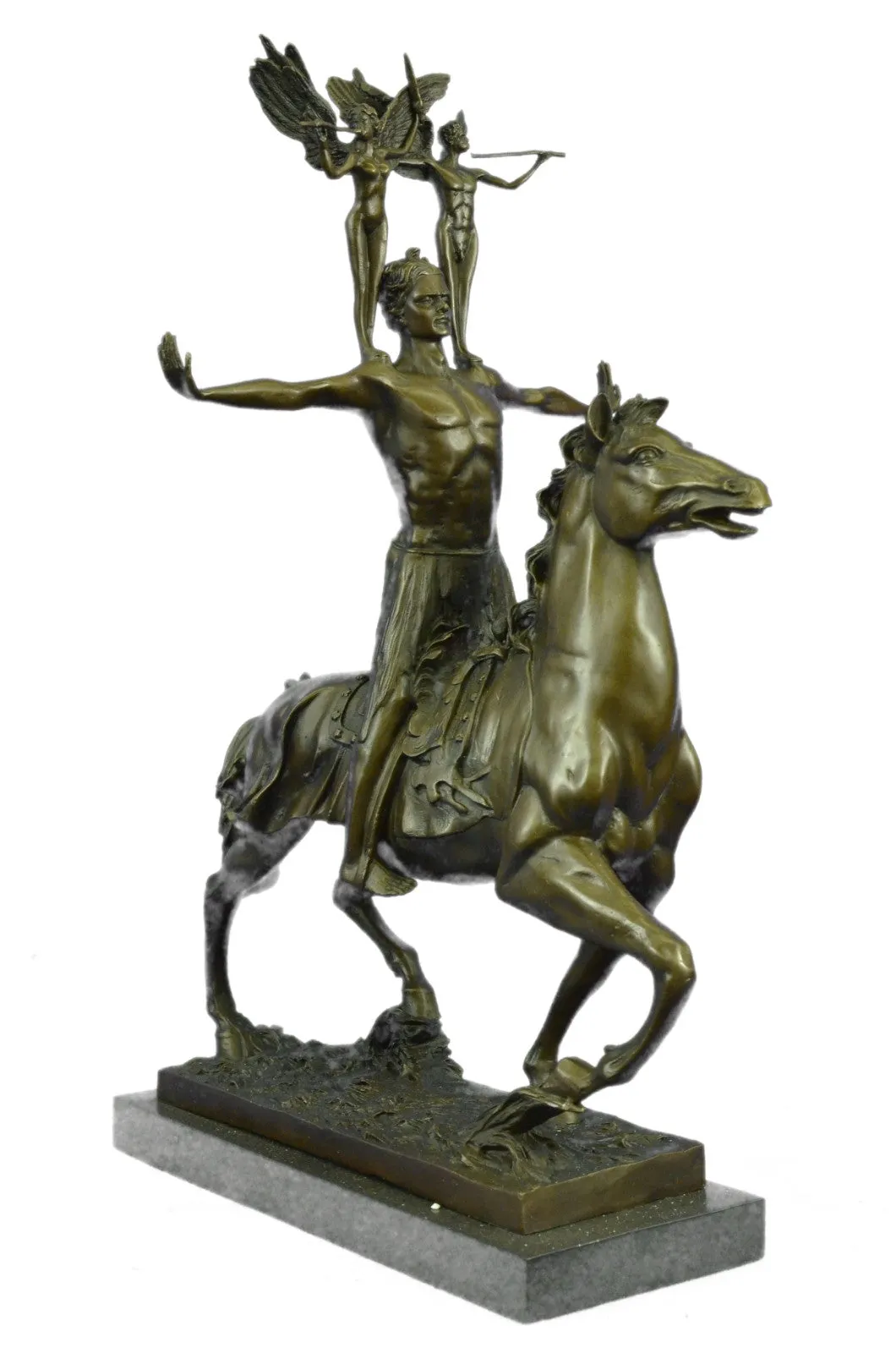 Lost Wax Nude Man Riding Horse W. angel Bronze Statue Sculpture Figure Figurine
