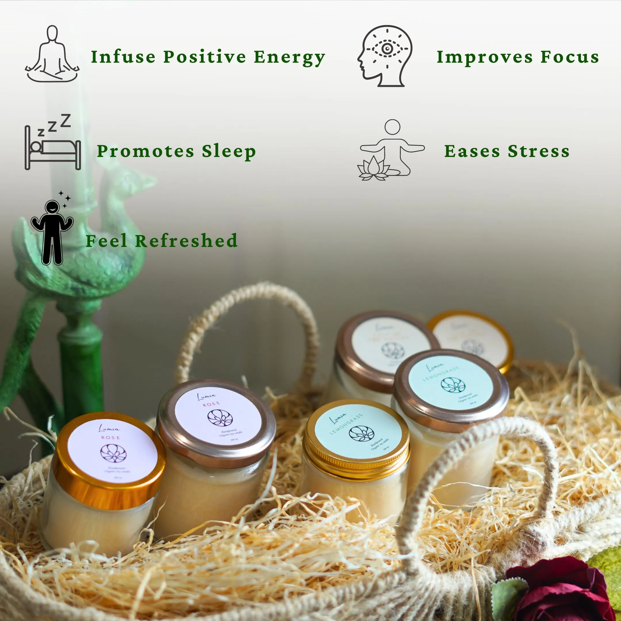 LUMIA Set of 5 Organic Scented Soy Wax Candles for Bedroom and Home | Aromatherapy | Perfect Home Gift | Eco-Friendly | Vegan | Non-Toxic | Phthalate-Free | Long-Lasting | Pack of 5 | 165 grams Each