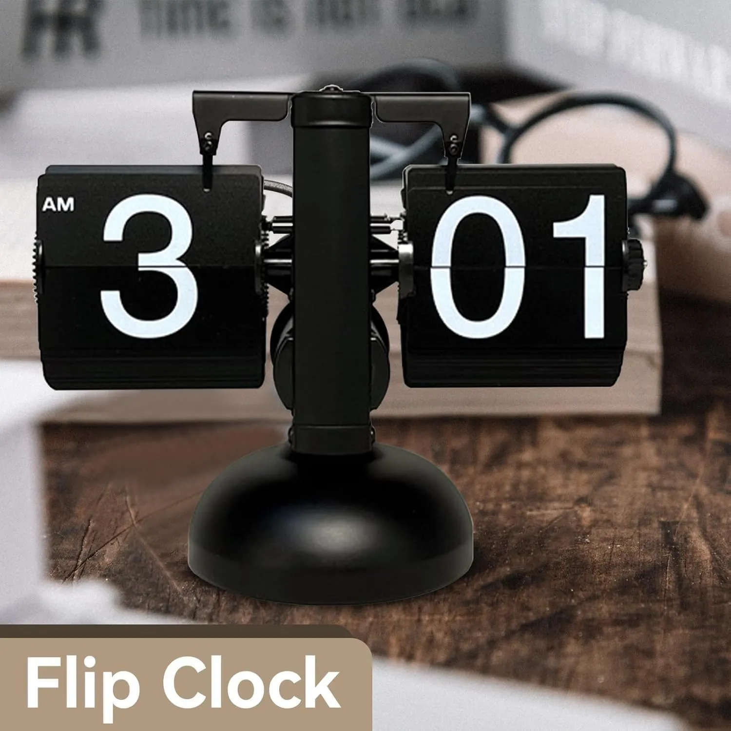 Metal Flip Desk Clock (Black), Retro Vintage Design Auto Flip Clock Desk Clock Table Clock Large Number Battery Powered Internal Gear Operated - Analog, 8.3 Inch