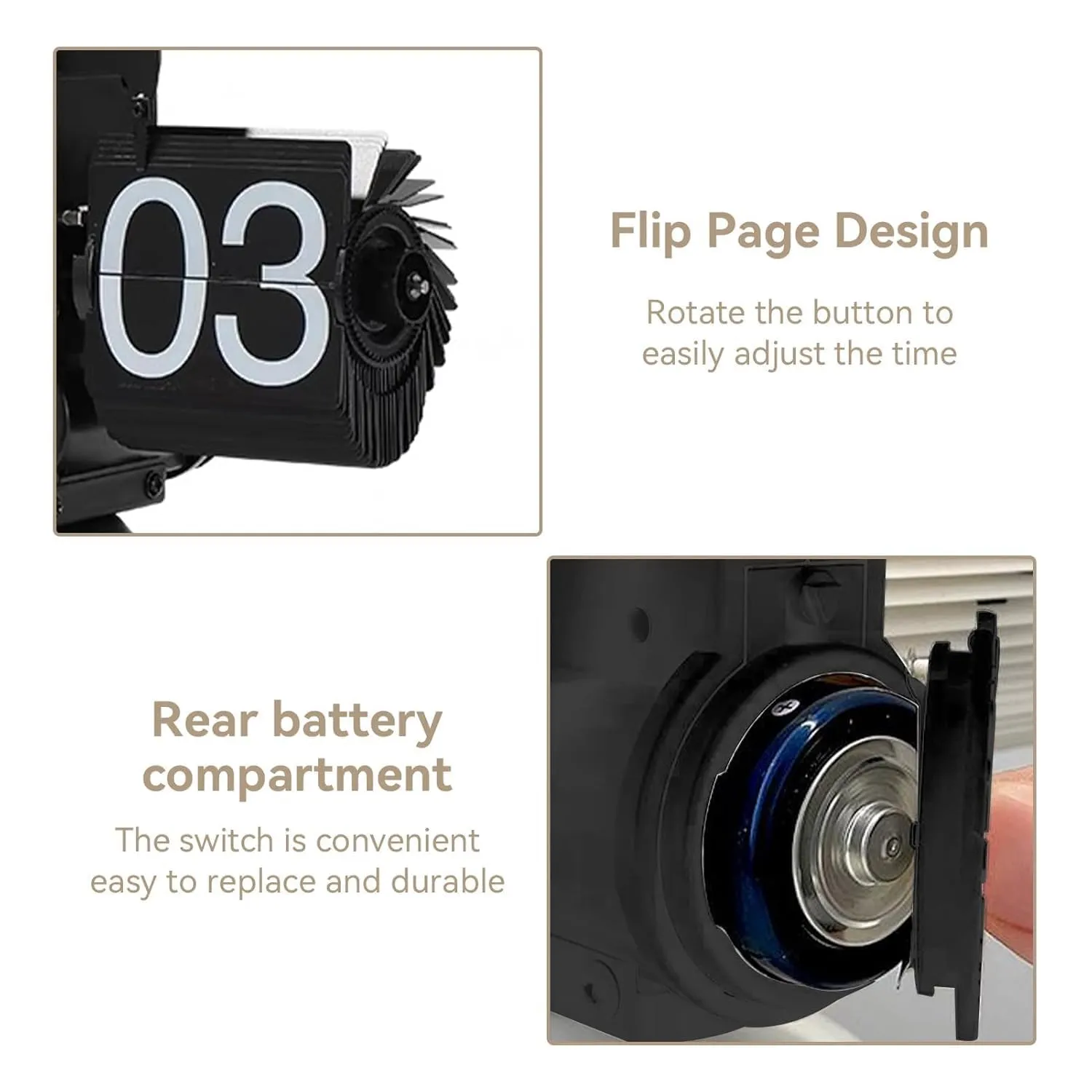 Metal Flip Desk Clock (Black), Retro Vintage Design Auto Flip Clock Desk Clock Table Clock Large Number Battery Powered Internal Gear Operated - Analog, 8.3 Inch