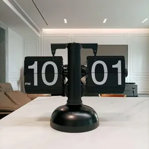 Metal Flip Desk Clock (Black), Retro Vintage Design Auto Flip Clock Desk Clock Table Clock Large Number Battery Powered Internal Gear Operated - Analog, 8.3 Inch