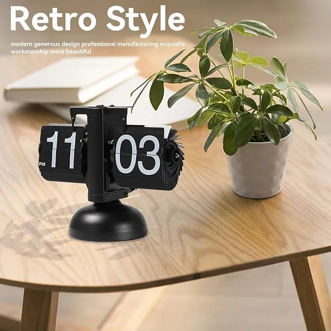 Metal Flip Desk Clock (Black), Retro Vintage Design Auto Flip Clock Desk Clock Table Clock Large Number Battery Powered Internal Gear Operated - Analog, 8.3 Inch