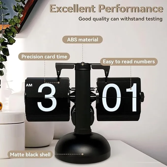 Metal Flip Desk Clock (Black), Retro Vintage Design Auto Flip Clock Desk Clock Table Clock Large Number Battery Powered Internal Gear Operated - Analog, 8.3 Inch
