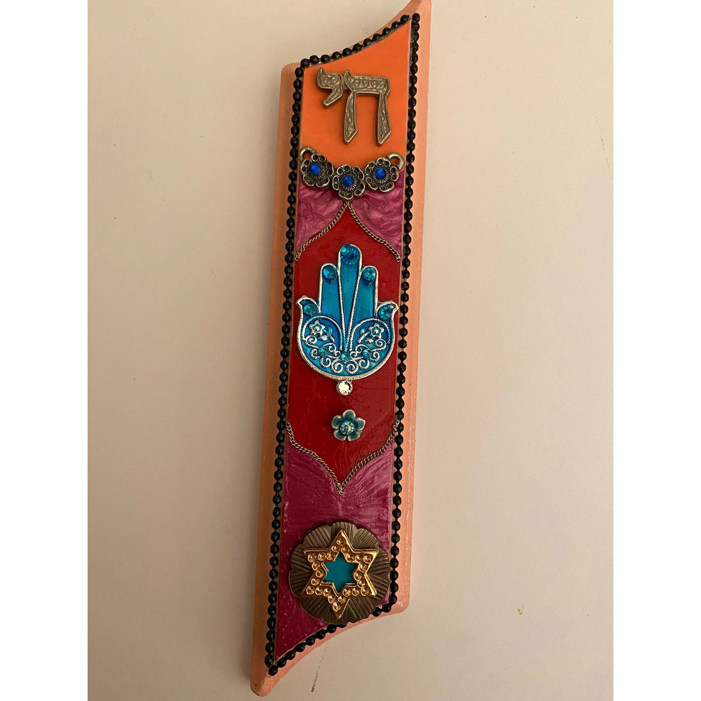 Mezuzah in Pink and Red Art in Paper Mache Humorous Whimsical Sculptures by Naava Naslavsky