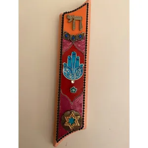 Mezuzah in Pink and Red Art in Paper Mache Humorous Whimsical Sculptures by Naava Naslavsky