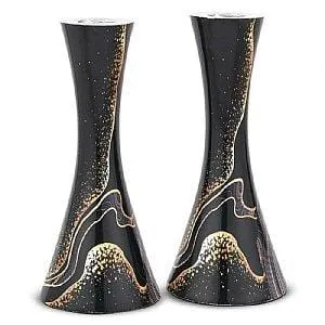 Modern Marbleized Metal Candlesticks - Black Burst