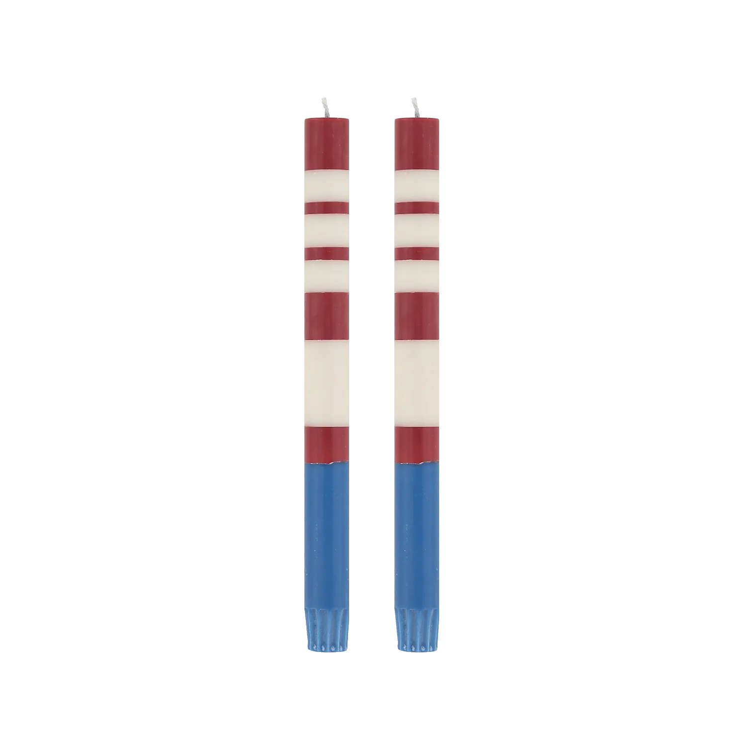 Pair of Guardsman Red, Royal Blue & Pearl White Striped Dinner Candles 25cm