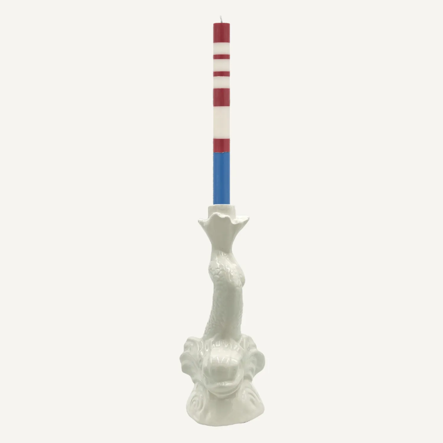 Pair of Guardsman Red, Royal Blue & Pearl White Striped Dinner Candles 25cm